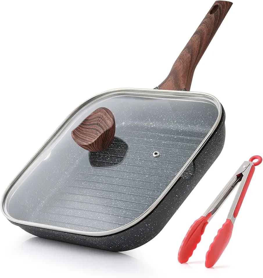 Kordisen Grillpfanne Induktion 28 cm mit Deckel – Grillpfanne mit Ausguss & Steakpfanne quadratisch, Granit Antihaftbeschichtung, für alle Herdarten, PFOA-frei