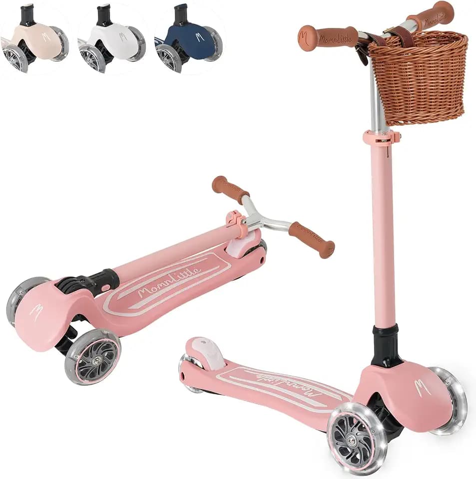 MomnLittle Toddler Scooter with Mini Basket for Kids Ages 3-10, 3-Wheel Foldable Kick Scooter, LED Light-Up Wheels, Lean-to-Steer Design, 4-Height Adjustable Handlebar for Boys and Girls