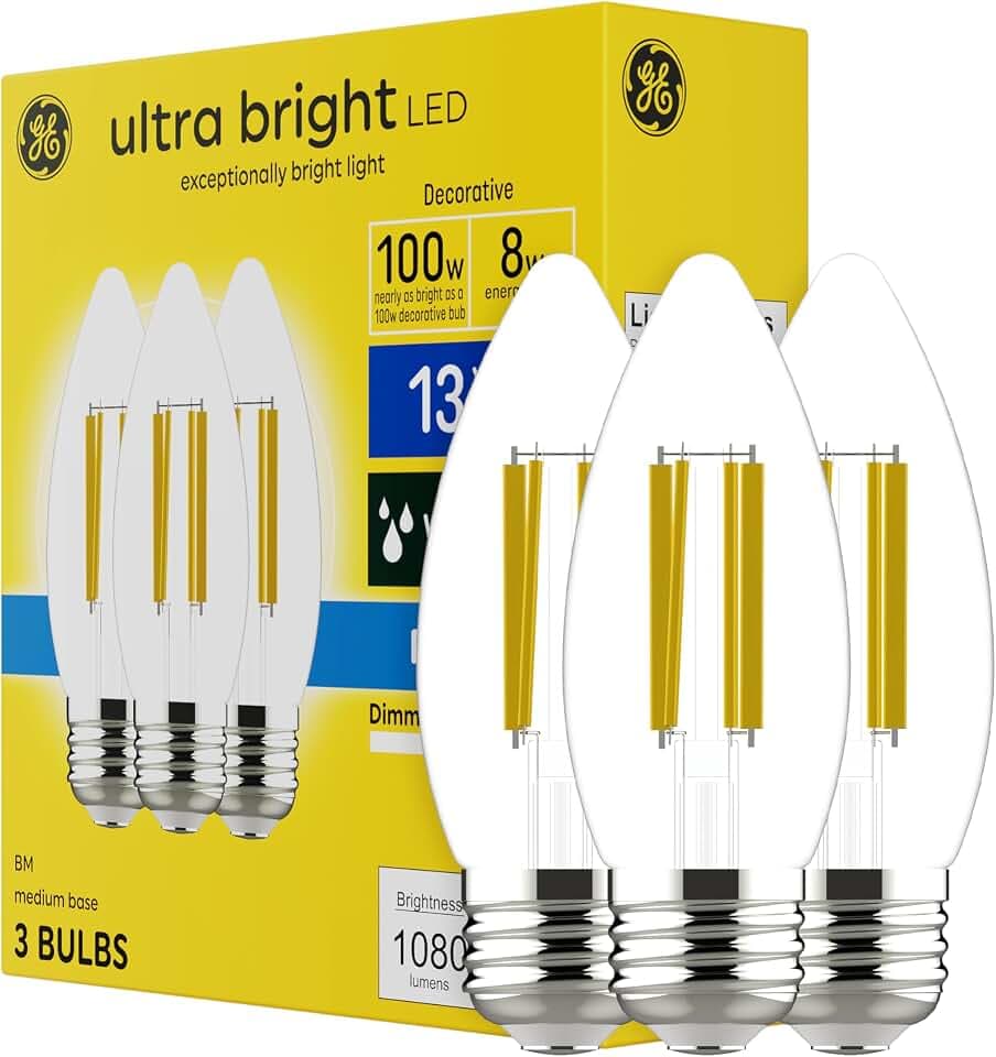 GE Ultra Bright LED Light Bulbs, 100W, Daylight Candle Lights, Clear Decorative B12 Light Bulbs (3 Pack)