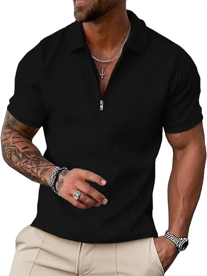UOUA Herren Kurzarm Polo mit Viertelreißverschluss Geometrische Struktur lässige Vintage-Optik Sommer Golf Top