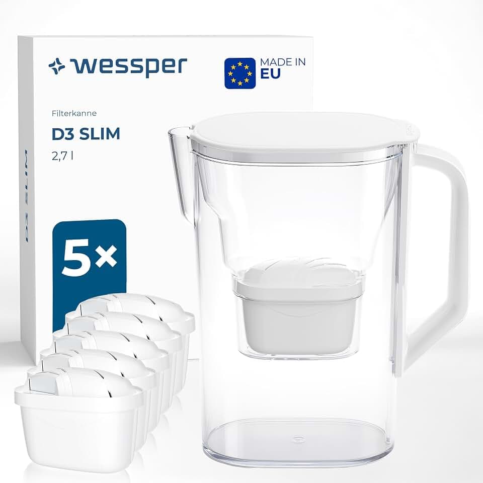 Wessper Wasserfilter Kanne für Kühlschranktür 2,7L set mit 6 filter - Weiß