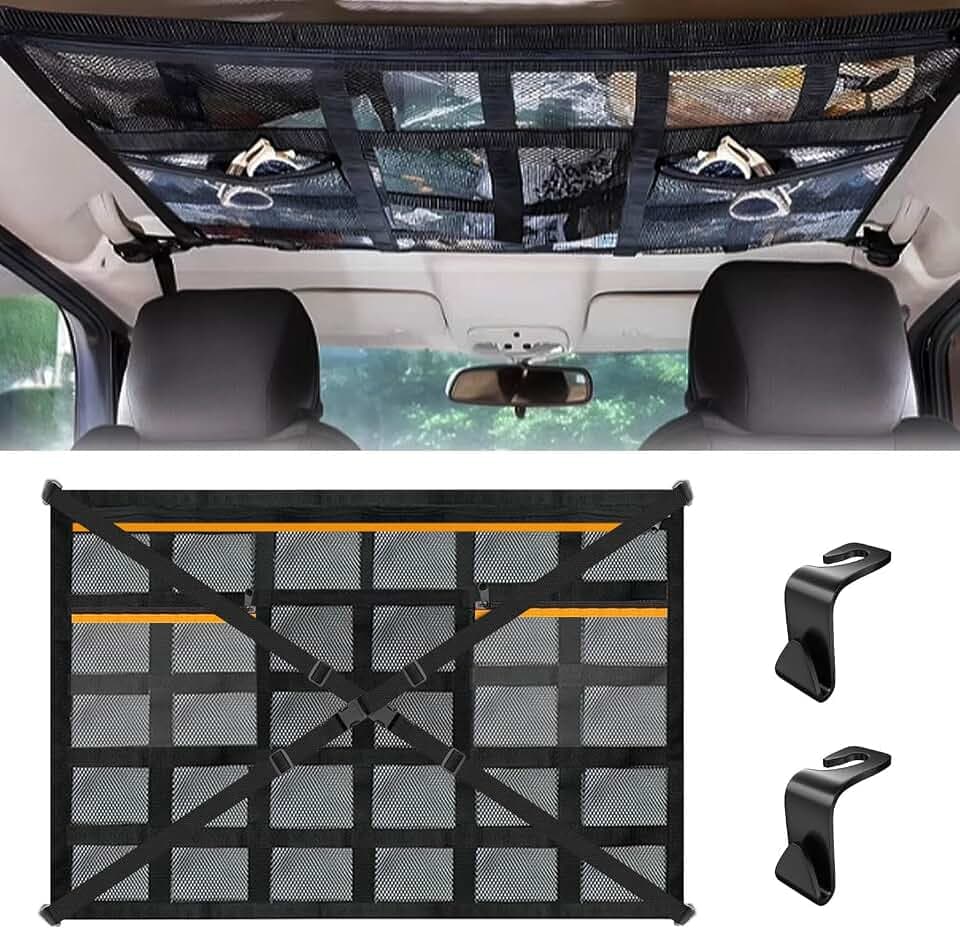 Gepäcknetz Auto, 90×65cm Dachnetz Auto Innen, Gepäcknetz mit Verstellbare Kreuzgurte und 3 unabhängige Reißverschlusstaschen für Vier Dach Armlehnen Jeeps, Van, SUV