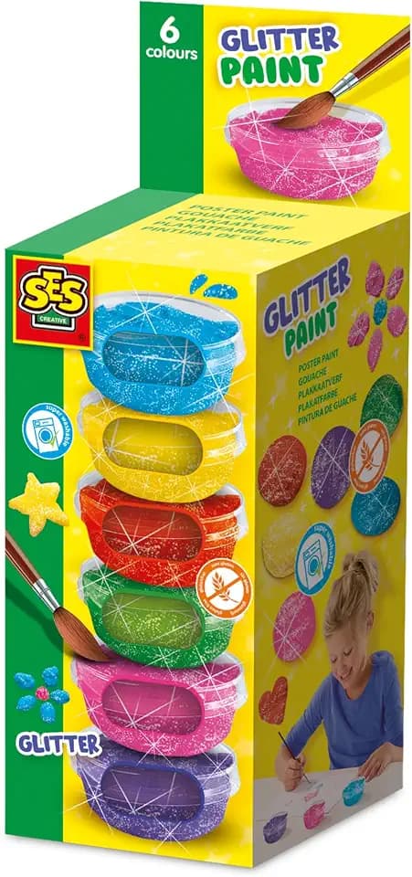 SES Creative Glitzerfarbe | Bastelset | Vegan & Glutenfrei | Leicht auswaschbar aus Kleidung | Made in Holland | für Kinder ab 3 Jahren | 6 Farben | 6 x 45ml | 00384