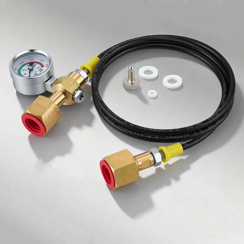 1,5m Schutzgas Umfüllschlauch 2x W21.8-14 (DIN477), CO2 Adapter Hochdruckschlauch mit 3500PSI Manometer, CO2 Nachfüllstation Gasschlauch für Argon Stickstoff Schweißgerät