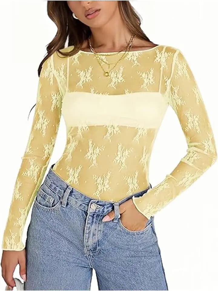 Damen Netzoberteil Mesh Sheer Basic Shirt Sexy Bluse Transparent Oberteile Durchsichtiges Langarm Lace Top