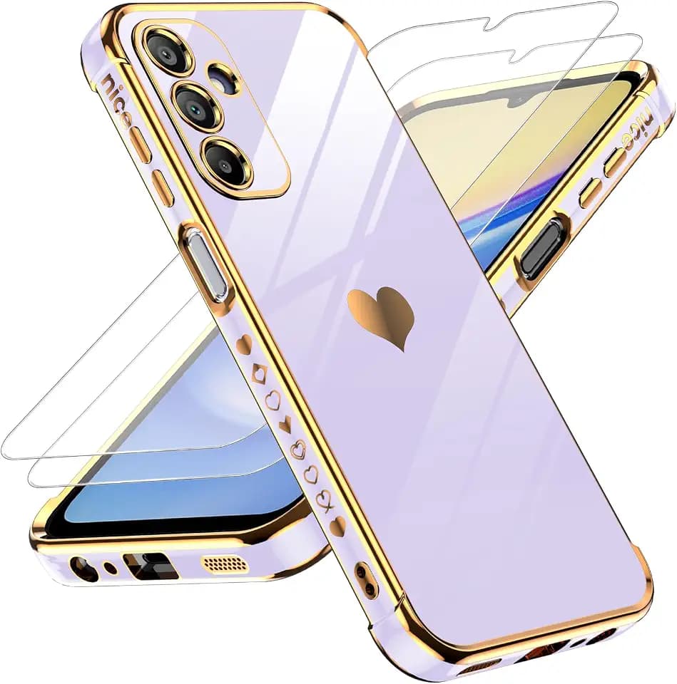 LeYi for Samsung Galaxy A15 5G Case: with Tempered Glass Screen Protector [2 Pcs]+Camera Lens Protection, Love Heart Plating Girly Luxury Shockproof Case for Samsung A15, Cute Present for Mom, Purple