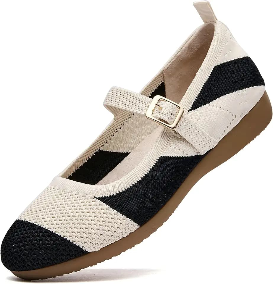 Lumina Flyknitting Womens Mary Jane Flats - Adjustable Strap, Eco-Friendly Glue-Free, Machine-Washable Lightweight Breathable for Work & Daily Walking