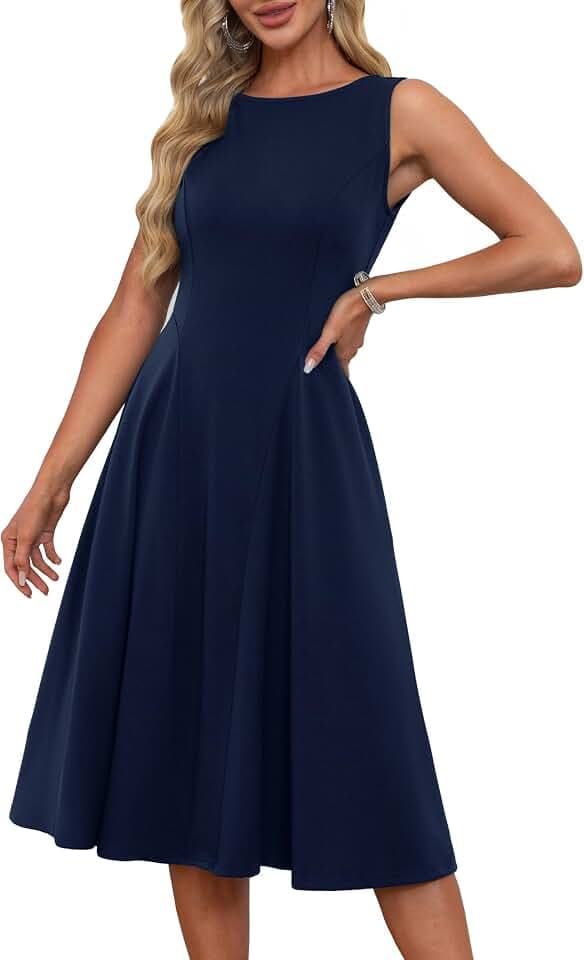 Damen Elegante A-Linie Slim Fit Cocktailkleid 1950er Vintage Retro Midi Kleider Ärmelloses Rockabilly Kleider mit Taschen Dunkelblau M