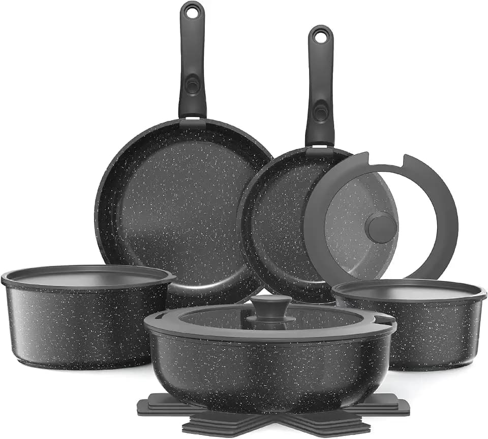 YASHE 15-teiliges Kochgeschirrset, Induktion, ungiftig, PTFE- und PFAS-frei