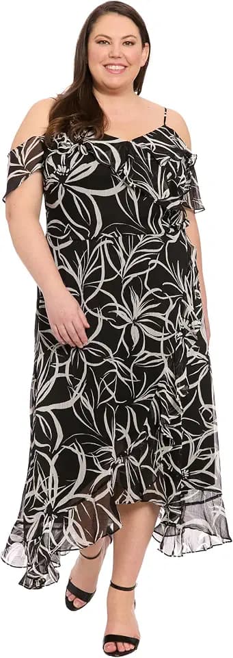 London Times Women's Women's Sweetheart Neckline Cold Shoulder Wrap Maxi Dress with Ruffle Hem - Special Occasion Dresses