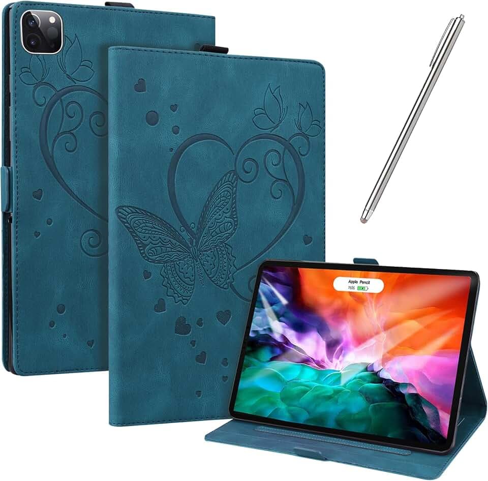 Hülle Kompatibel mit iPad Pro 12,9-Zoll (6th/5th Generation,2022/2021 Model) PU Leder Schutzhülle Standfunktion Kartenschlitz Stifthalter Flip Cover Auto Schlaf/Wach Funktion (Blau)