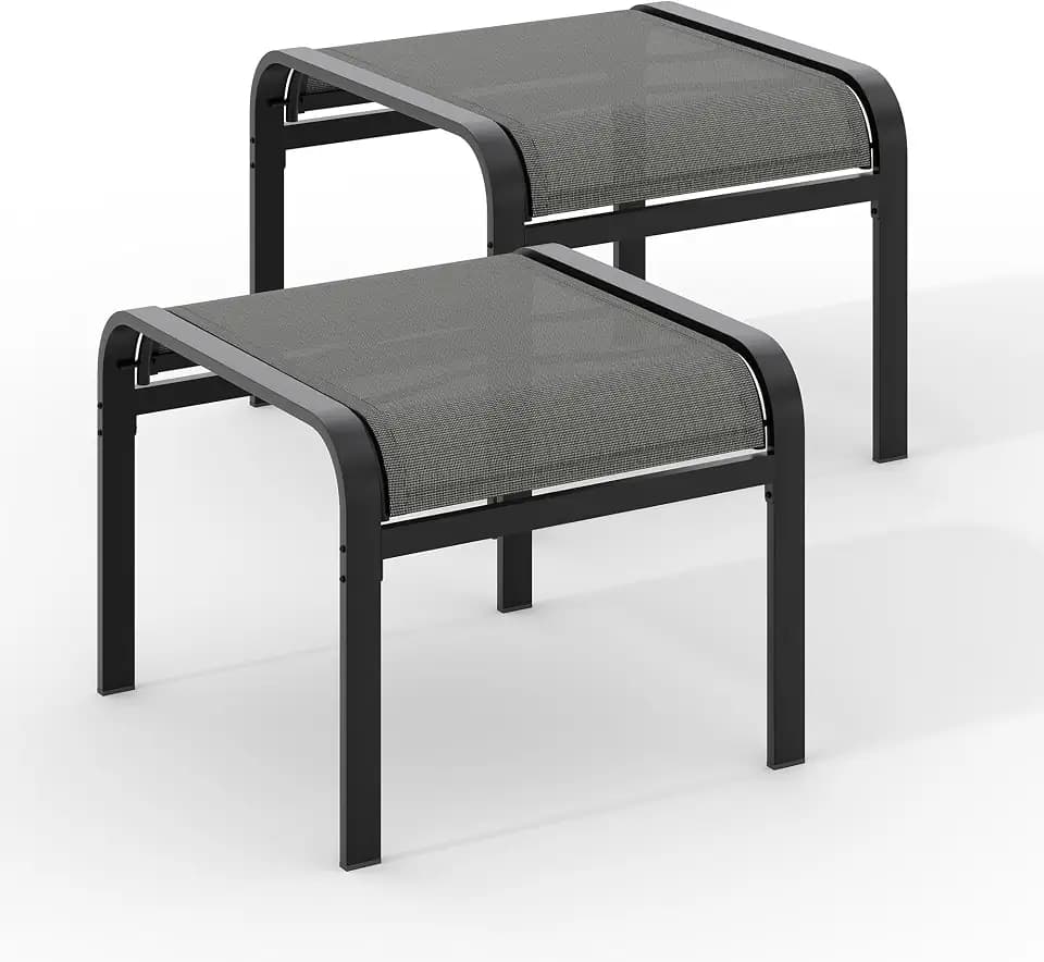 Outdoor Ottoman Set of 2, Outdoor Foot Stool with Textliene Fabric, Metal Frame, Stackable Oversized Foot Rest for Patio Garden Pool, Grey