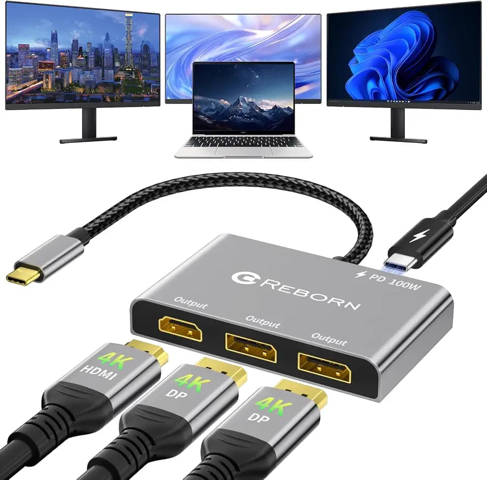 Reborn USB-C to Dual DisplayPort Adapter and 1 HDMI with 100W PD, 4K@60Hz USB Type-C 1 in 3 Out Splitter, Display Port Splitter for 3-Port USB-C Multi-Monitor Adapter with PC/macOS/Linux and More