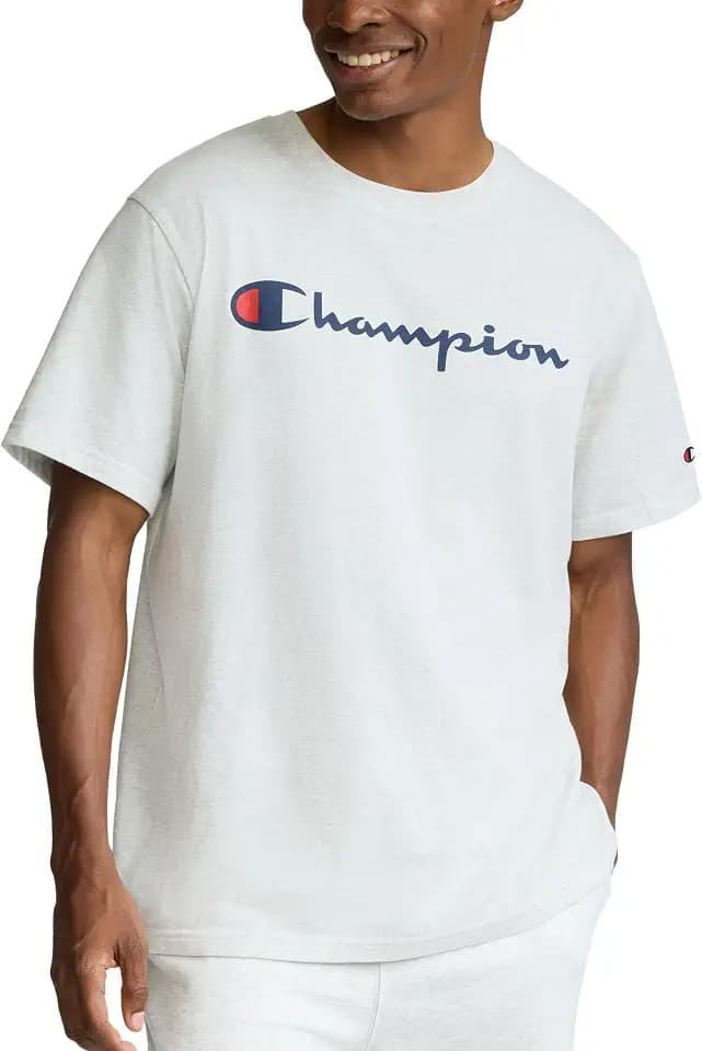 Champion Men's Graphic Short Sleeve T-Shirt, Standard Fit, Classic Script Logo, Midweight 100% Cotton