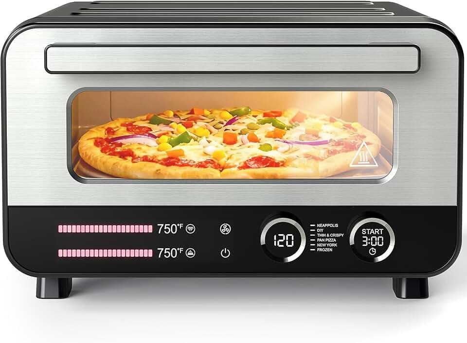 DUMOS Pizza Oven Indoor, 1600W Electric Pizza Maker Fast Heating, 6 Presets for 12 Inches Pizzas, with Stone & Spatula, Upper-Bottom Independent Heating Temperature Control