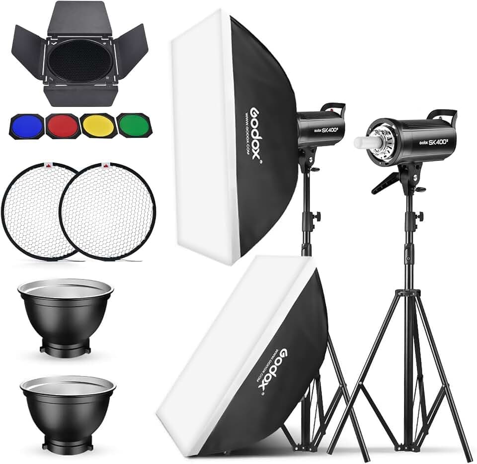 2 Pack Godox SK400II Studioblitz Strobe Bowens Mount Kit für Studioaufnahmen,Video und Portraitfotografie mit Softbox Lichtstativ Scheunentor Reflektor