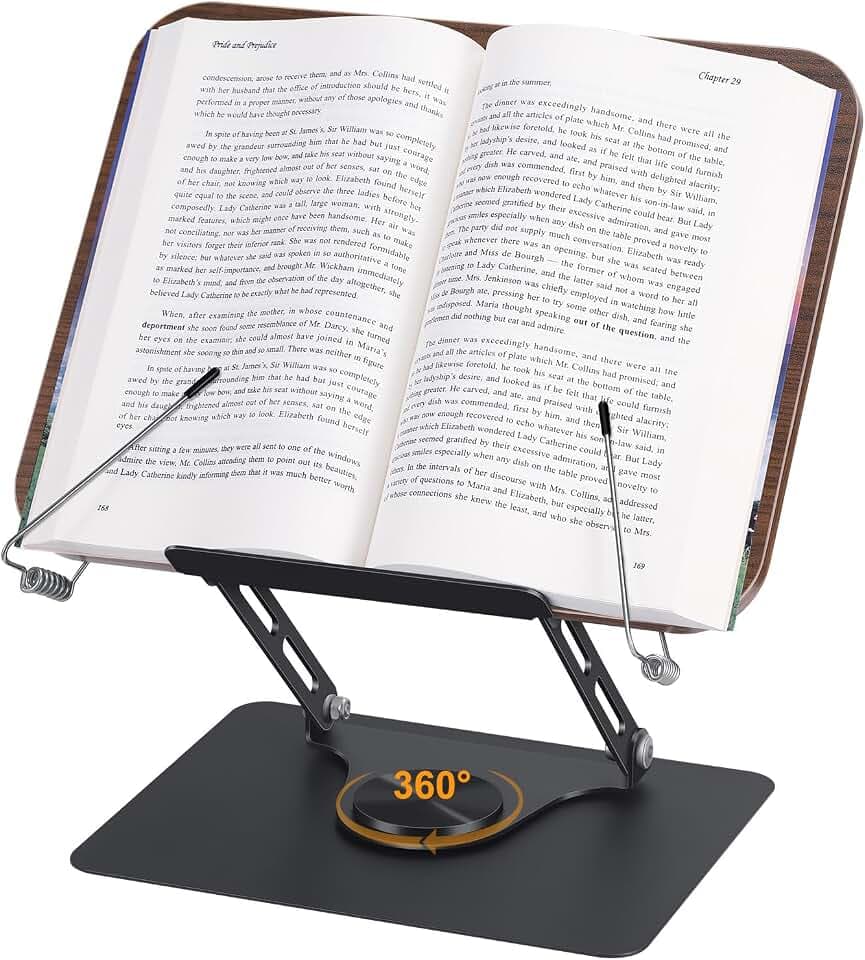 Buchständer zum Lesen, Verstellbarer Buchstütze, Buchhalter Leseständer mit Seitenclip, 360° Drehfuß Buchhalter für Rezept Zeitschrift Lehrbuch Tablet Laptop Tablet