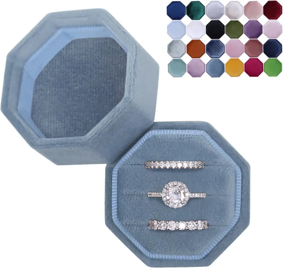 Velvet 3 Slots Jewelry Ring Box Engagement Wedding Box Keepsake Box Bridal Photo Ring Triple Slots Octagon (Ocean Blue)