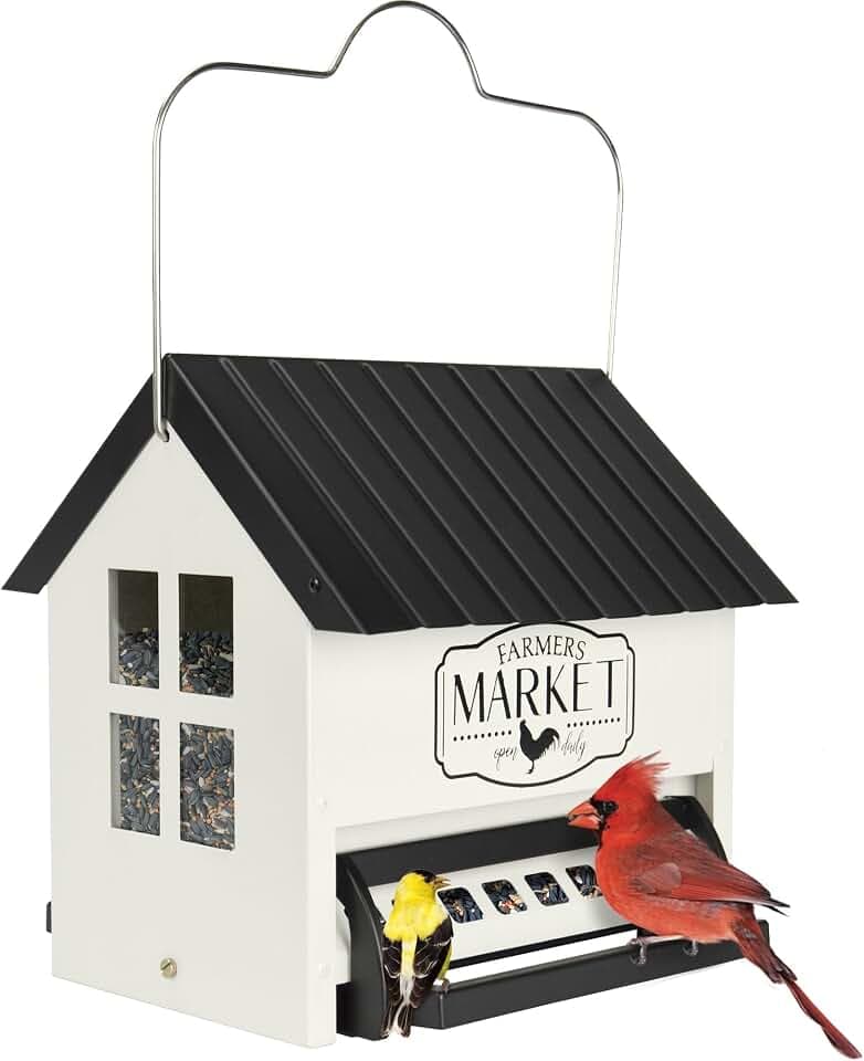 Squirrel Shield Metal Hopper Squirrel Proof Outdoor Wild Bird Seed Feeder, Hanging Bird Feeder, 2 Weight Activated Feeding Ports, Easy to Fill Roof Opening, White