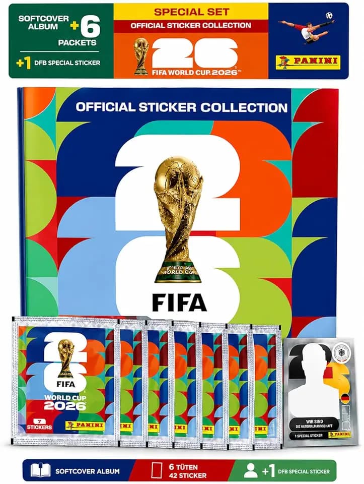 XXL Fan Starterset WM 2026 – Original Panini Sticker + Sticker + Special - zum Sammeln & Tauschen - Weltmeisterschaft