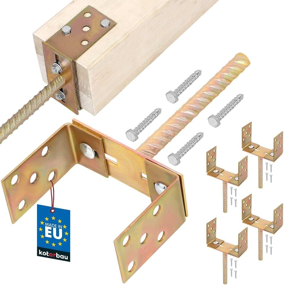 KOTARBAU® 4er Set U Pfostenträger zum Einbetonieren - 200 mm - mit Riffeldolle - Breitenverstellbar 0-160 mm - Pfostenanker für Zaunpfosten & Holzbalken - Pfostenschuh mit Betonanker - Stahl - Gold