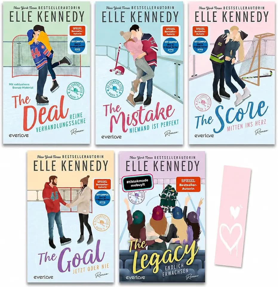 Elle Kennedy - Off-Campus Buchset Band 1-5: The Deal, The Mistake, The Score, The Goal, The Legacy - New Adult Romance Deutsch Liebesromane Set - Hockey Roman Taschenbuch mit exklusivem Lesezeichen