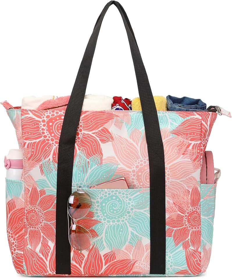 Octsky Large Beach Bags for Women - Waterproof Sandproof Beach Tote with Dual Zipper and Wet Pocket - 3 Outside Pockets