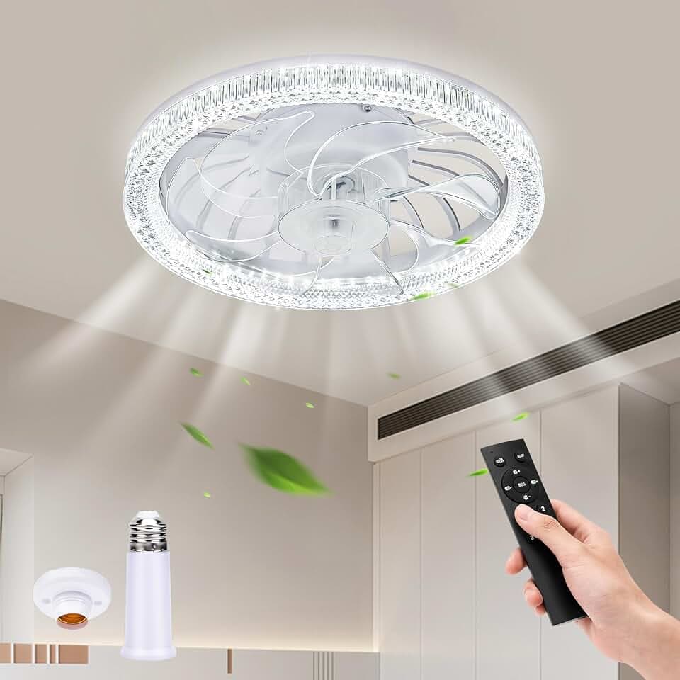 BomKra Deckenleuchte mit Ventilator, Klein Leise Deckenventilator mit Licht, E27 Deckenventilator mit Lampe & Fernbedienung, 3 Windstufen, Dimmbar