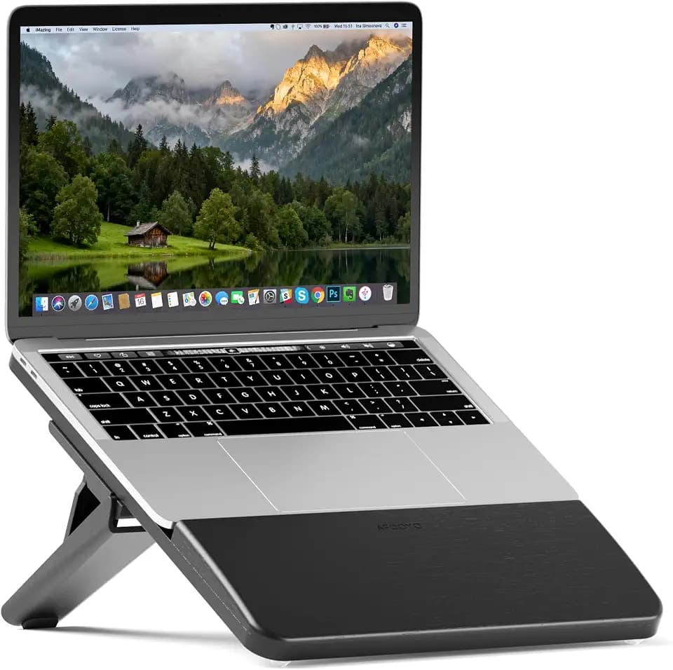 AFOOYO Adjustable Bamboo Laptop Stand,Portable Computer Riser,Ergonomic Notebook Mount with Wrist Rest,Compatible with 9.8-15'' All Laptops,MacBook Air Pro/HP/Dell/Lenovo,Black