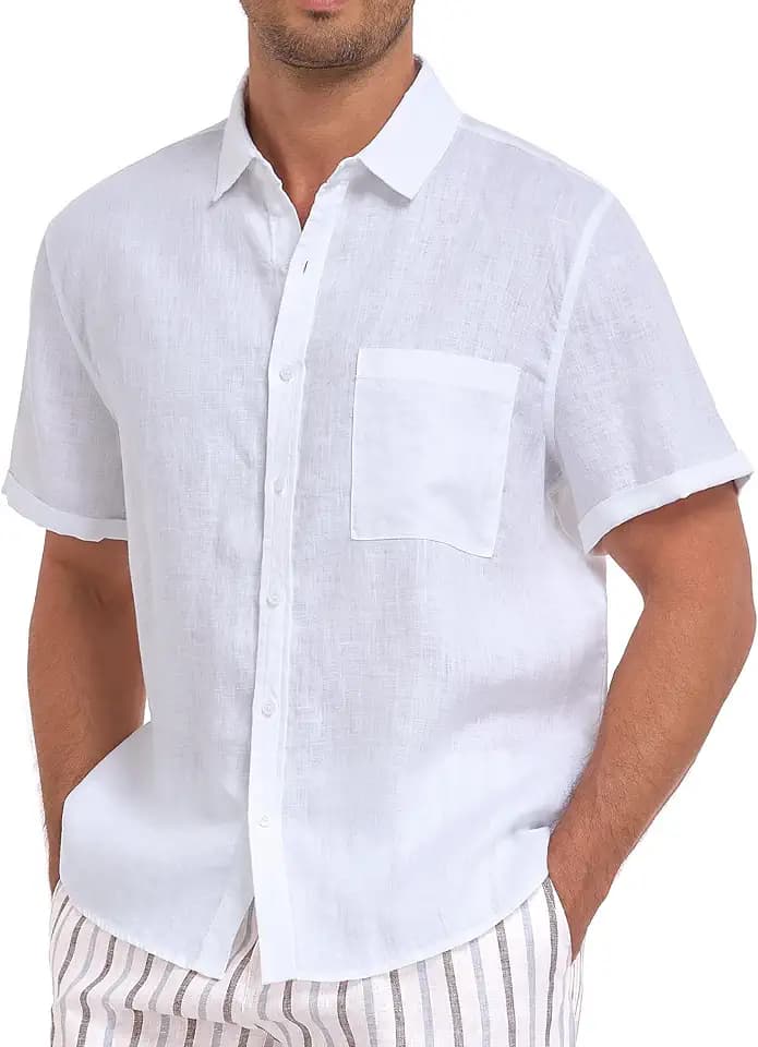 Amazhiyu Men's 100% Linen Short Sleeve Button Down Shirt
