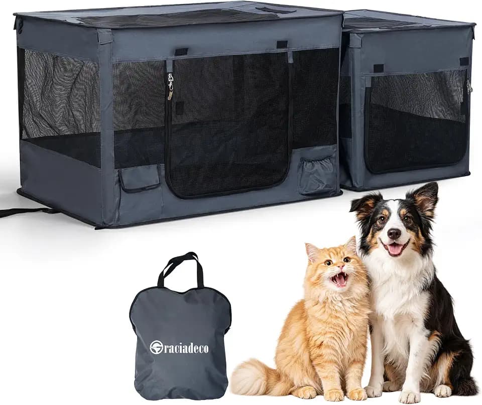 Cat Playpen, Foldable Portable Pet Enclosure, 2 in 1 Size for Small Dogs, Puppies & Cats, Indoor & Outdoor Pet Pen with Lockable Zipper, Mesh Windows & Ground Stakes