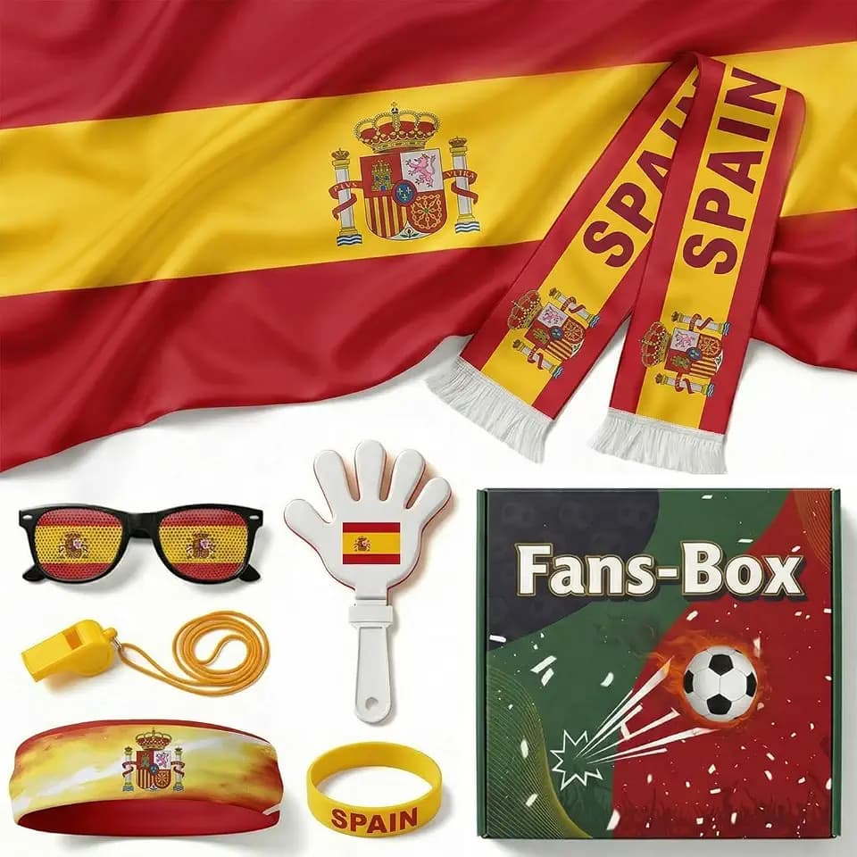 7 Pcs Cheering Kit for Football Matches, 2026 Spain Soccer Fan Game Day Accessory Set, Includes Flag, Glasses, Whistle, Clapper, Wristband, Scarf & Headband