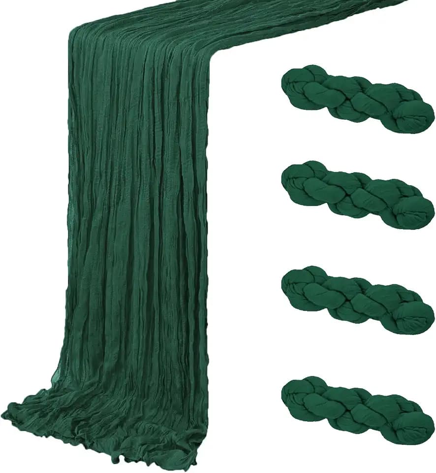 4 Pack Emerald Green Cheesecloth Table Runner 20 x 120 inch Gauze Table Runners 10 FT Long,Semi Sheer Boho Cheese Cloth Fabric Table Runner Bulk for Wedding,Party,Baby Shower,Bridal Shower Decoration