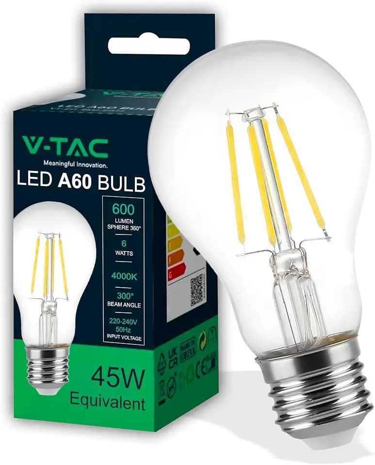 V-TAC Lampadina LED-Filament mit Attacco E27, 6 W (entspricht 45 W), A60-600 Lumen, LED-Lampenleistung, hohe Effizienz und energiesparendes Risparmium, 4000 K, natürliches weißes Licht