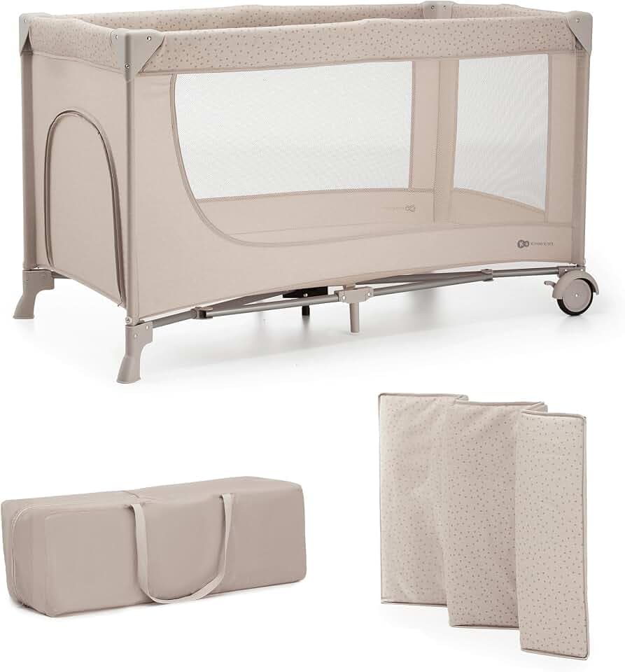 Kinderkraft Joy 2 Kinderbett, 2 in 1 Kinderreisebett, Babybetten, Kinderbett, Reisebett, Modernes Design, Kleine Abmessungen nach Zusammenklappe, Räder, Beige