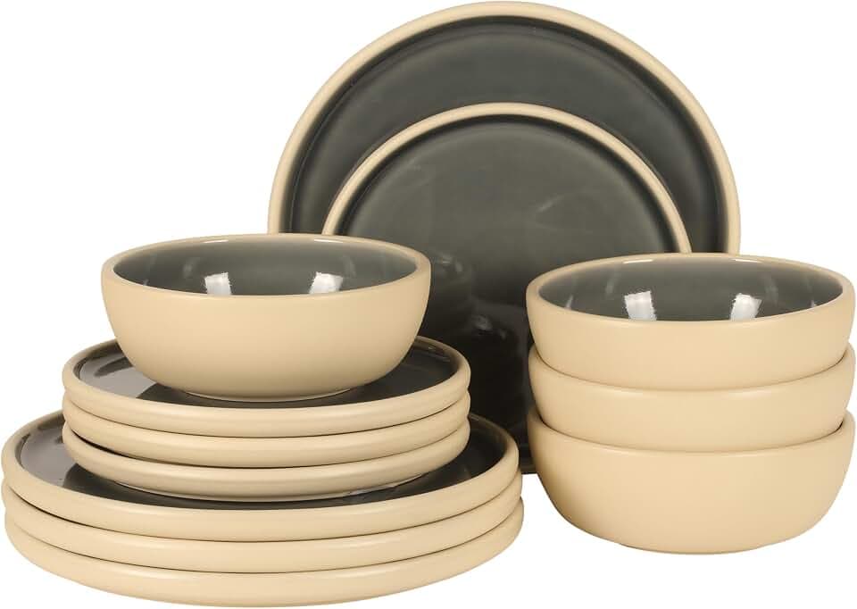 Gibson Elite - Made in Portugal - Port Gaia 12 Piece (Service for 4) Plates and Bowls Reactive Glaze Dishes Stoneware Ceramic Dinnerware Set - Blue