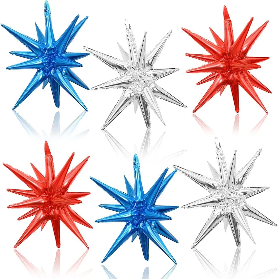 Red Blue Silver Star Balloons, 6PCS 22 Inch Foil Explosion Star Balloons