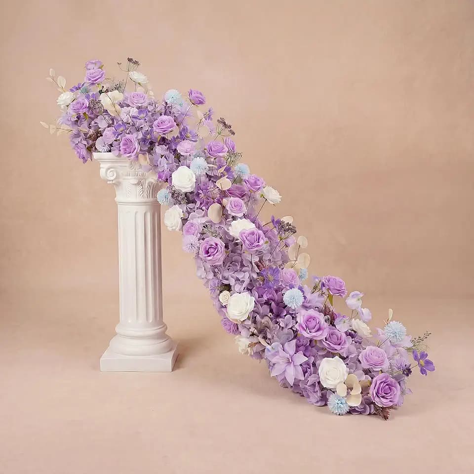 72inch Aisle Flower Garland with Chiffon Sheer Drape, Artificial Flowers Purple & White Rose with Hydrangea, Floral Runner for Wedding Arch, Backdrop, Reception Table Decor, Ceremony Pathway