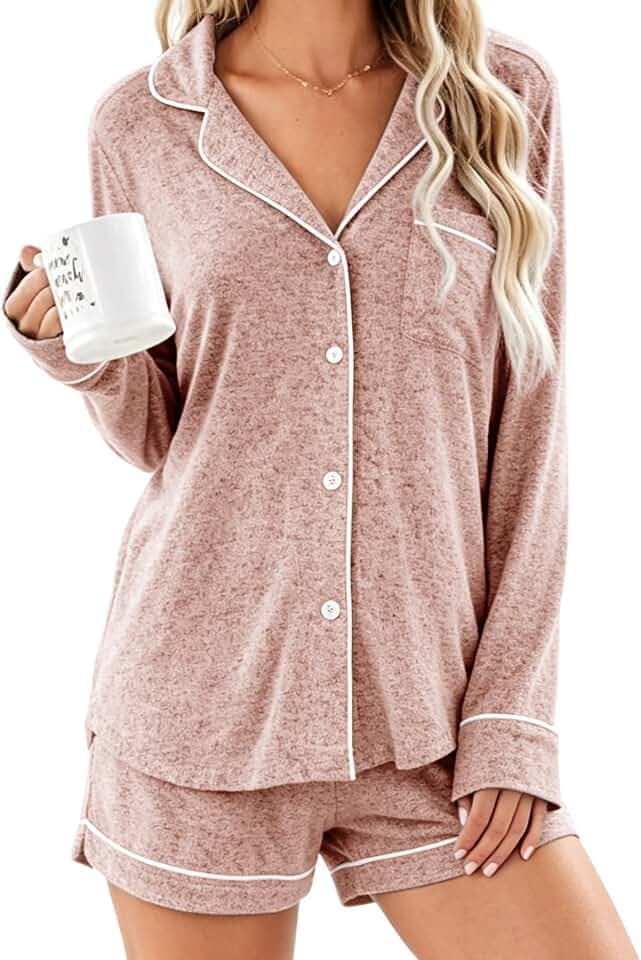 Aamikast Womens Pajama Sets Button Down Long Sleeve Sleepwear Soft 2 Piece Pjs Lounge Set