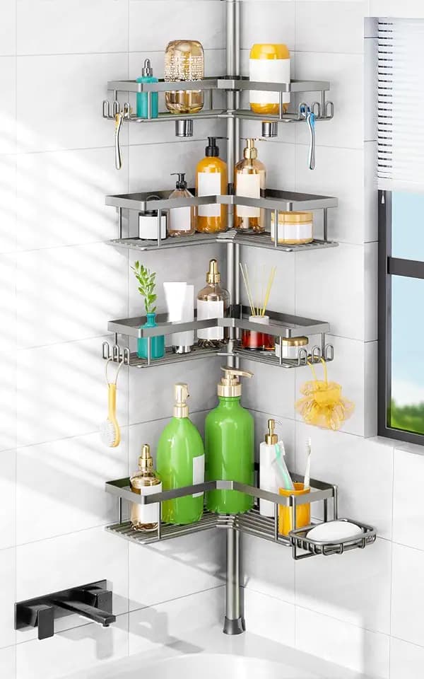 HAMITOR Shower Organizer Tension Pole: 4 Tier L-Shaped Corner Bath Shelf