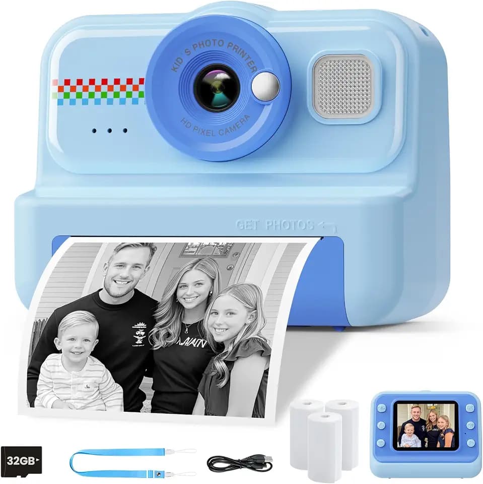 HiMont Kinderkamera Sofortbildkamera, 1080P Sofortbildkamera Kinder mit 32GB Karte & 3 Rollen Druckpapier, lustige Kinderspielzeug Geschenke für Jungen & Mädchen von 3-12 Jahren(Blau)