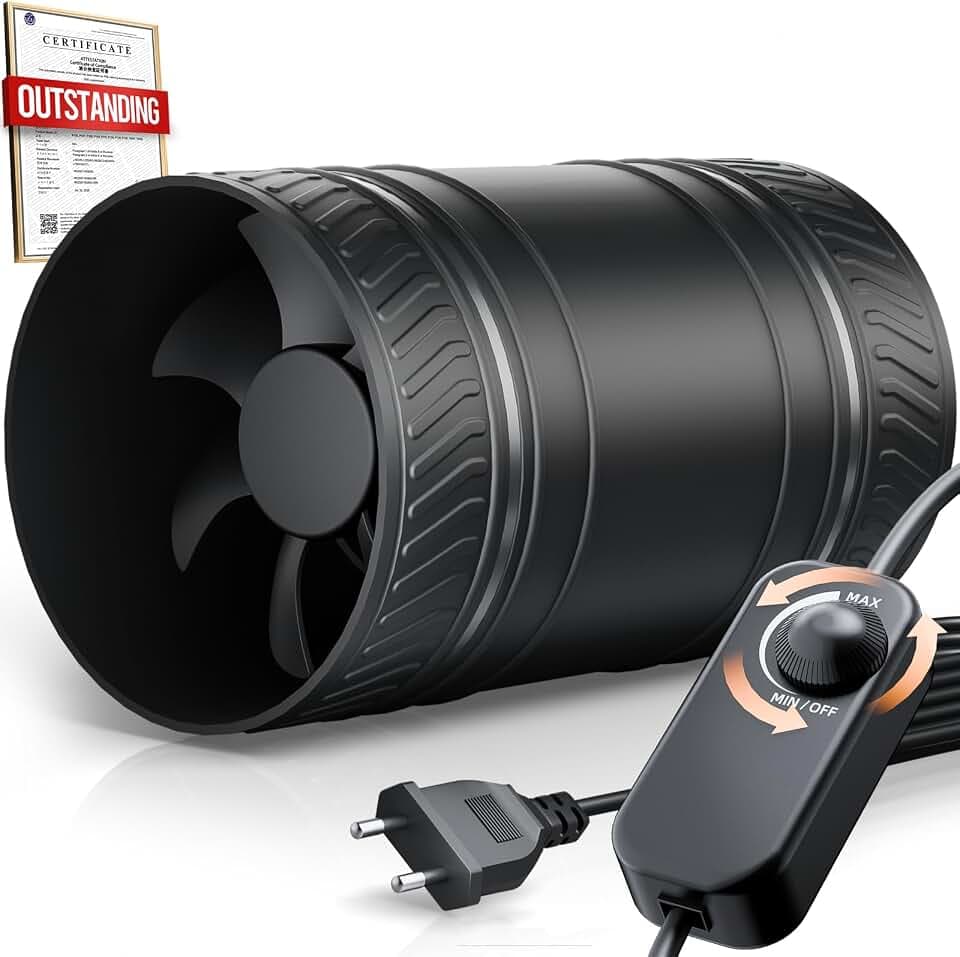 100 mm Rohrventilator Regelbar, Rohrlüfter 8 W, 310 m³/h, Überhitzungsschutz Ventilator, Kanalventilator, Inline Abluftventilator für Grow-Zelte, Gewächshaus, Badzimmer, Keller, Garage, Küche