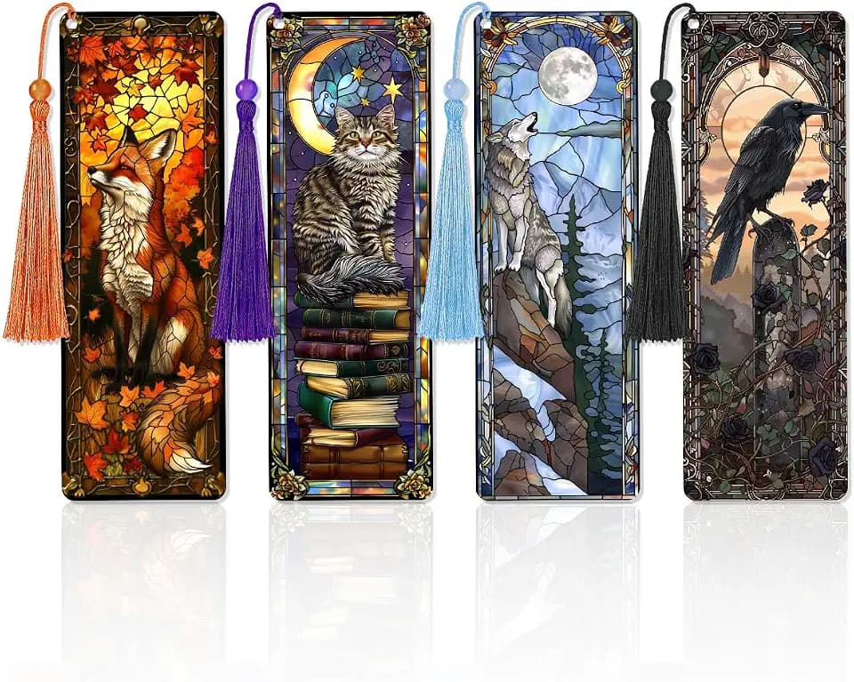 4 Pcs Fantasy Animal Bookmarks Gifts for Reading Women, Stained Glass Transparent PVC Book Marks with Tassels, Cute Black Cat Design Gift, Cool Book Accessories for Book Lovers Bookish