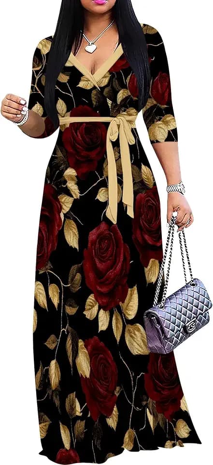 Women's Maxi Dress 3/4 Sleeve Wrap Casual V Neck Floral Print with Belt