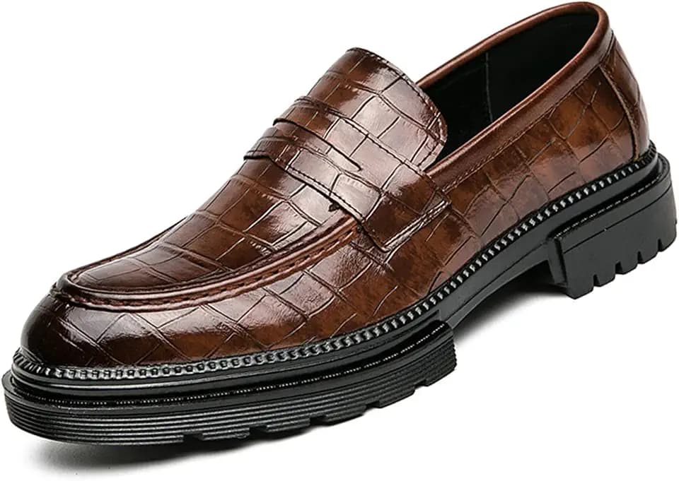 Men's Leather Platform Dress Loafers Classic Crocodile Printed Slip On Casual Comfortable Business Formal Shoes for Party Wedding Prom