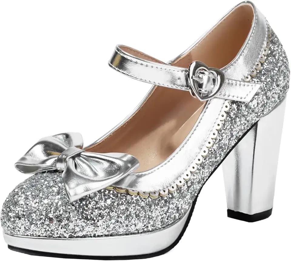Damen Blockabsatz High Heels Glitzer Pumps mit Schleife Mary Jane Plateau Schuhe