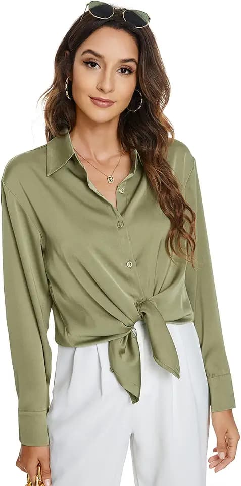 Atnlewhi Womens Long Sleeve Button Down Satin Silk Shirts Casual Business Smooth Blouse Tops
