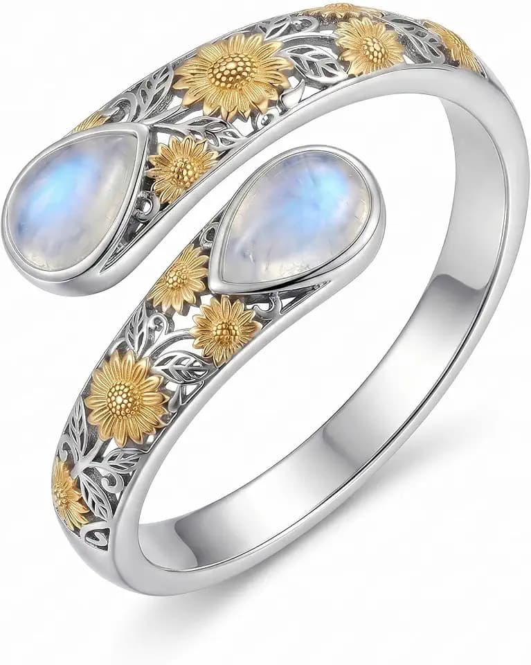 Sunflower Moonstone Open Ring Adjustable Vintage Spoon for Women 8#