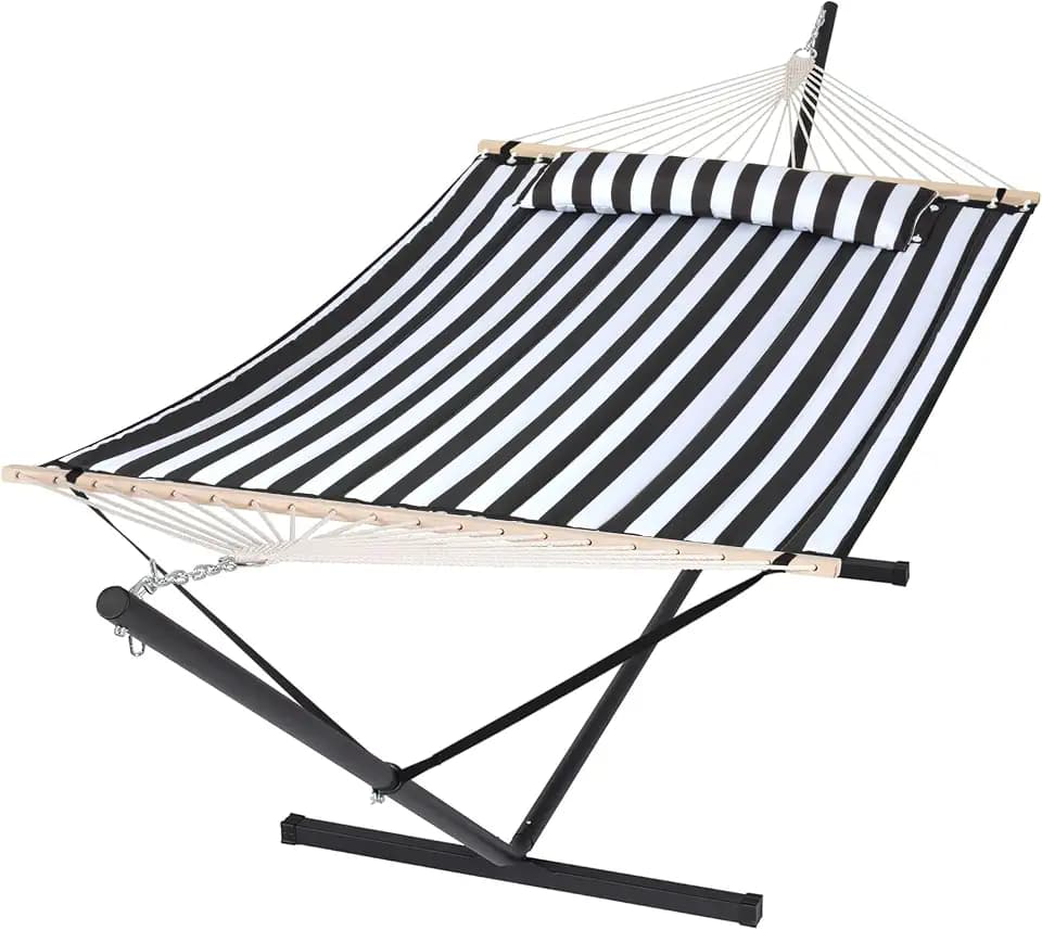 SUNCREAT Two Person Hammock with 12ft Stand Included, Black Stripes