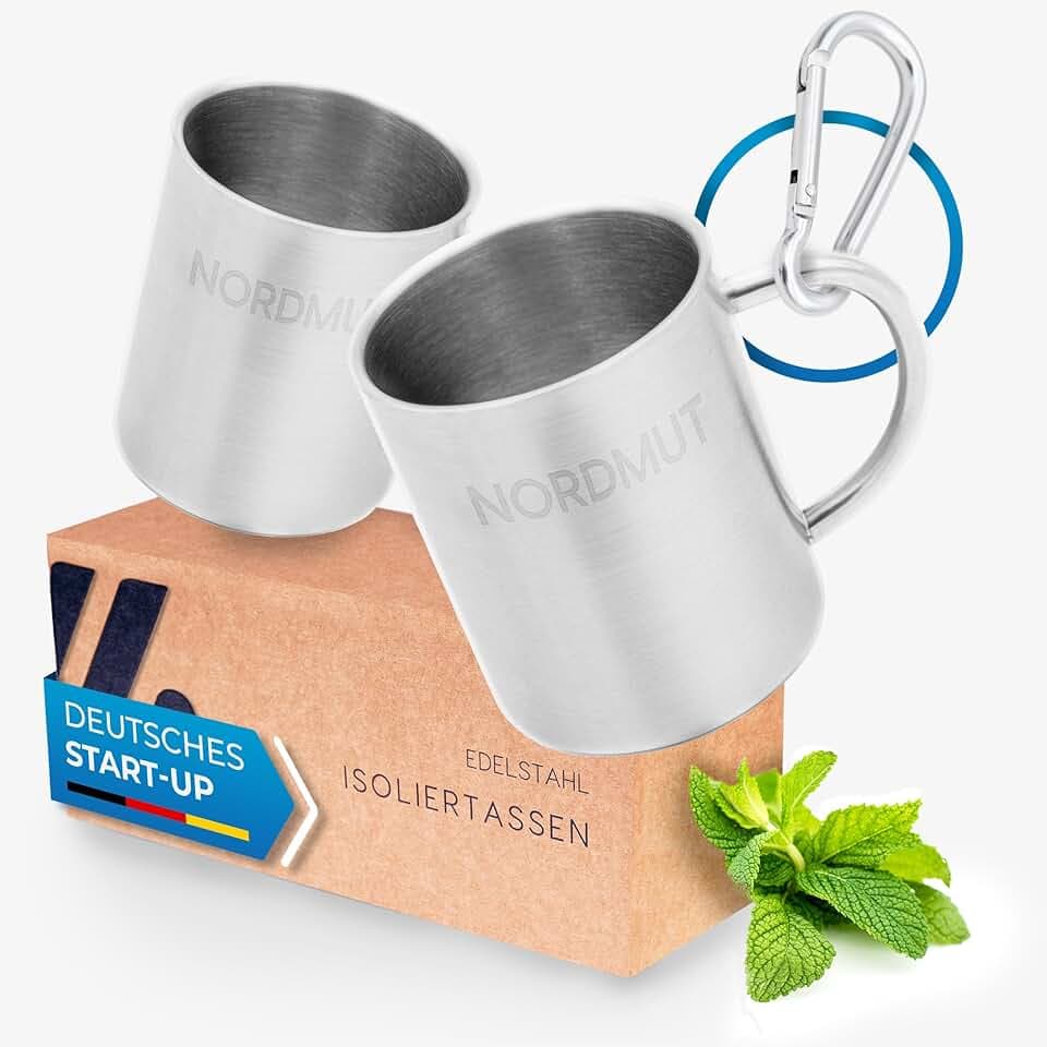 NORDMUT® Edelstahl Thermobecher [2er Set] Camping Tasse | nachhaltige Edelstahl Tasse | Kaffeetasse doppelwandig isoliert und BPA frei | Tassen Set für Camping & Outdoor [2 x 400 ml]